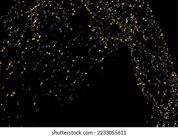 Gold glitter confetti on a black background. Shiny particles scattered, sand. Decorative element. Luxury background for your design, cards, invitations, vector