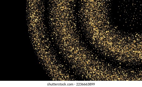 Gold glitter confetti on a black background. Shiny particles scattered, sand. Decorative element. Luxury background for your design, cards, invitations, vector