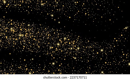 Gold glitter confetti on a black background. Shiny particles scattered, sand. Decorative element. Luxury background for your design, cards, invitations, vector