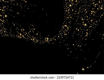 Gold glitter confetti on a black background. Shiny particles scattered, sand. Decorative element. Luxury background for your design, cards, invitations, vector