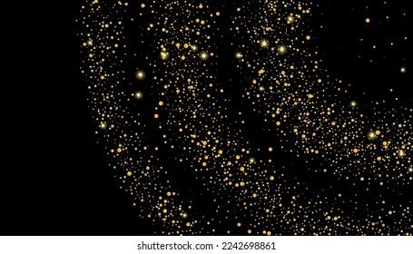 Gold glitter confetti on a black background. Shiny particles scattered, sand. Decorative element. Luxury background for your design, cards, invitations, vector