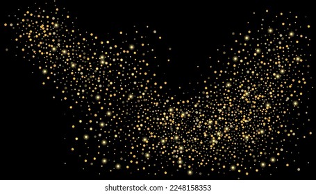 Gold glitter confetti on a black background. Shiny particles scattered, sand. Decorative element. Luxury background for your design, cards, invitations, vector