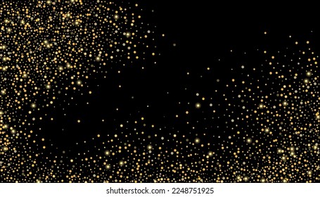 Gold glitter confetti on a black background. Shiny particles scattered, sand. Decorative element. Luxury background for your design, cards, invitations, vector