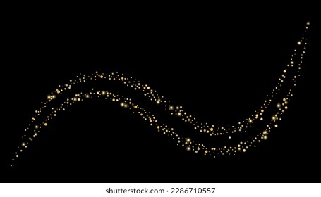 Gold glitter confetti on a black background. Shiny particles scattered, sand. Decorative element. Luxury background for your design, cards, invitations, vector