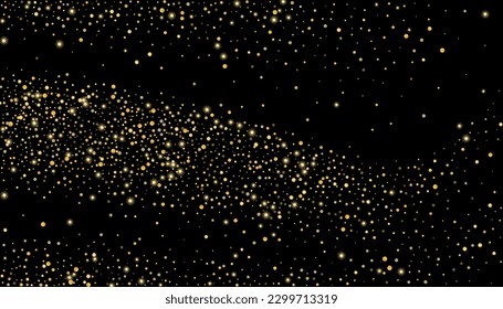 Gold glitter confetti on a black background. Shiny particles scattered, sand. Decorative element. Luxury background for your design, cards, invitations, vector