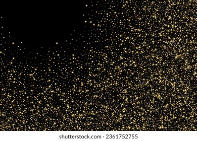 Gold glitter confetti on a black background. Shiny particles scattered, sand. Decorative element. Luxury background for your design, cards, invitations, vector