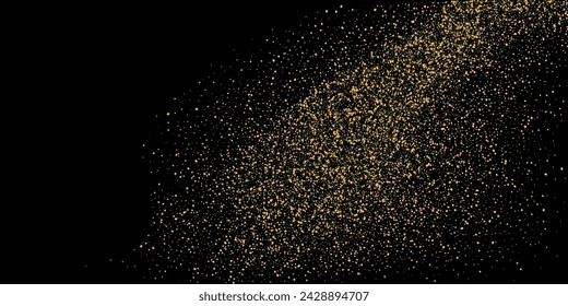 Gold glitter confetti on a black background. Shiny scattered sand particles. Decorative elements. Luxury background for your design, cards, invitations, vector