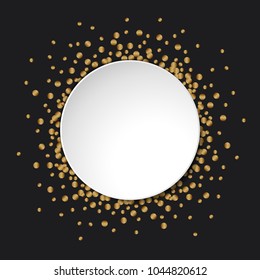 Gold glitter confetti round white banner with place for text on black background