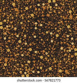 Gold glitter confetti seamless pattern. Amber color background. Golden explosion of confetti. Vector illustration. Template for prints, invitations, greeting cards, web backdrop.