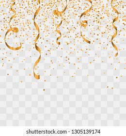 Gold glitter confetti and serpentine background. Vector Illustration