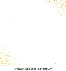Gold glitter Confetti stars background. Scatter on white background made of gold glittering confetti stars. Scatter corner frame on white background made of gold confetti stars. Vector illustration.