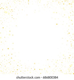 Gold glitter Confetti stars background. Scatter on white background made of gold glittering confetti stars. Scatter corner frame on white background made of gold confetti stars. Vector illustration.