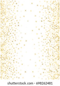 Gold Glitter Confetti Stars Background. Scatter On White Background Made Of Gold Glittering Confetti Stars. Scatter Frame Background Of Gold Confetti Sparkle Stars. Vector Illustration On White.