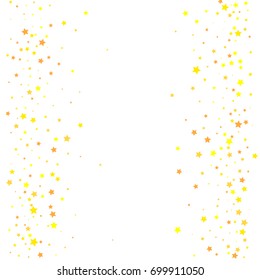 Gold glitter Confetti stars background. Scatter frame made of gold glittering confetti stars. Scatter on white background. Vector illustration.