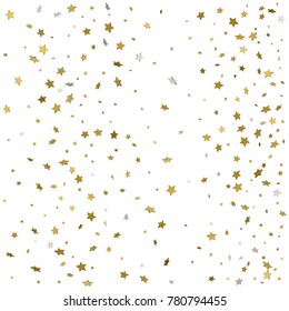 Gold glitter Confetti stars background. Scatter on bottom made of gold glittering confetti stars. Scatter bottom frame on white background. Vector illustration.