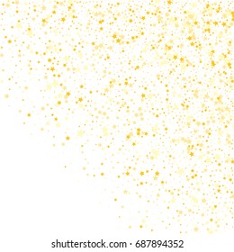 Gold glitter Confetti stars on white background. Scatter  background made of gold glittering confetti stars. Scatter corner frame on white background. Vector illustration.
