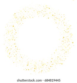 Gold glitter Confetti stars ring frame. Scatter circle frame on white background made of gold glittering confetti stars. Vector illustration.