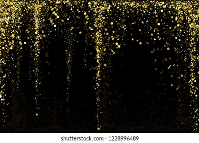 Gold glitter confetti texture on a black background. Golden explosion of confetti. Golden grainy dust abstract texture on a black background. Christmas background design element. Vector illustration