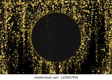 Gold glitter confetti texture on a black background. Golden explosion of confetti. Golden grainy dust abstract texture on a black background. Christmas background design element. Vector illustration