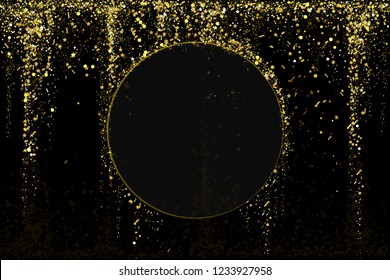 Gold glitter confetti texture on a black background. Golden explosion of confetti. Golden grainy dust abstract texture on a black background. Christmas background design element. Vector illustration