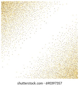 Gold glitter corners for frame or border, background vector illustration. Golden dust, flying circle yellow and brown confetti elements. Sparkle dots, round tinsel elements celebration graphic design.