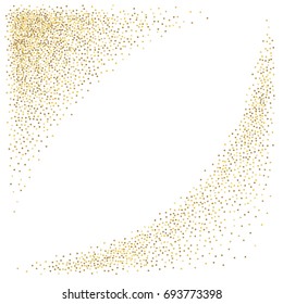 Gold glitter corners for frame or border, background vector illustration. Golden dust, flying circle yellow and brown confetti elements. Sparkle dots, round tinsel elements celebration graphic design.