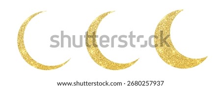 Gold glitter crescent moon isolated. Islamic Eid Mubarak decoration PNG. Vector illustration