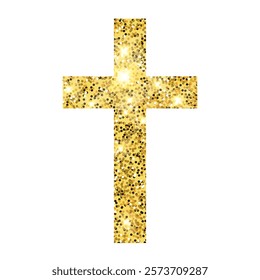 Gold Glitter Cross. Holy Spirit. Religious. Easter. Christian Faith, Catholic Religion Symbol for Church, Holiday Cards, Baptism, Christening Invitation. Vector illustration on transparent background