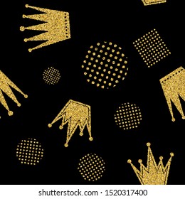 Gold glitter crown seamless pattern. Sparkling diadems  and crowns for your design.