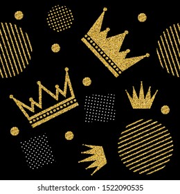Gold glitter crown seamless pattern. Sparkling diadems and crowns for your design