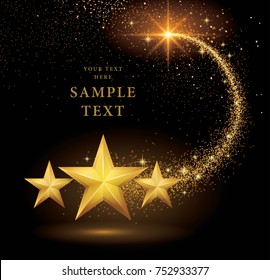 Gold Glitter Curve Trail And Star Burst Vector On Black Background, Golden Explosion Of Confetti. Golden Grainy Abstract. Tree Gold Stars