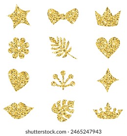 Gold glitter decoration set isolated on white background. Shiny icons for valentine's day, design, greeting card, scrapbook, decoration, party, banner, fashion, ornaments, tattoo. Vector illustration.