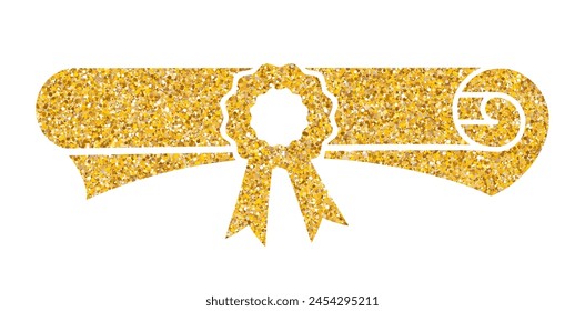 Gold glitter diploma icon. Rolled paper, scroll. Education document. University graduation certificate. Bachelor, master or professor degree.