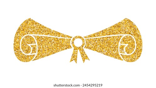 Gold glitter diploma icon. Rolled paper, scroll. Education document. University graduation certificate. Bachelor, master or professor degree.