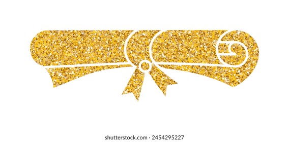 Gold glitter diploma icon. Rolled paper, scroll. Education document. University graduation certificate. Bachelor, master or professor degree.