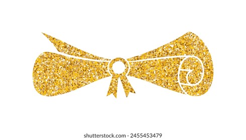 Gold glitter diploma icon. Rolled paper, scroll. Education document. University graduation certificate. Bachelor, master or professor degree.