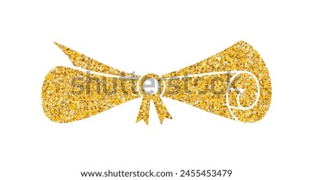 Gold glitter diploma icon. Rolled paper, scroll. Education document. University graduation certificate. Bachelor, master or professor degree.