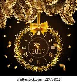 Gold glitter disco Vector 2017 Happy New Year background with gold clock and christmas tree border and confetti. Golden Greeting Card with glitter gold 2017 clock and box. Luxury greeting card. Vector