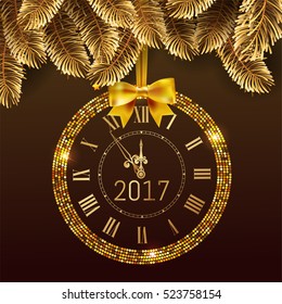 Gold glitter disco Vector 2017 Happy New Year background with gold clock and christmas tree border . Golden Greeting Card with glitter gold 2017 clock and box. Luxury greeting card. Vector