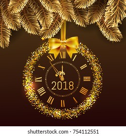 Gold glitter disco Vector 2018 Happy New Year background with gold clock and christmas tree border . Golden Greeting Card with glitter gold 2018 clock and box. Luxury greeting card. Vector