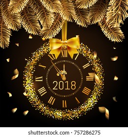 Gold glitter disco Vector 2018 Happy New Year background with gold clock and christmas tree border . Golden Greeting Card with glitter gold 2018 clock and box. Luxury greeting card. Vector