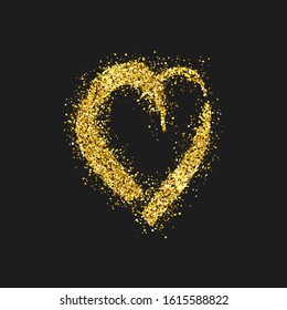 Gold glitter doodle heart on dark background. Gold grunge hand drawn heart. Romantic love symbol. Vector illustration.
