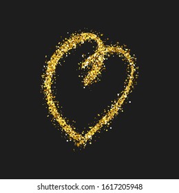 Gold glitter doodle heart on dark background. Gold grunge hand drawn heart. Romantic love symbol. Vector illustration.