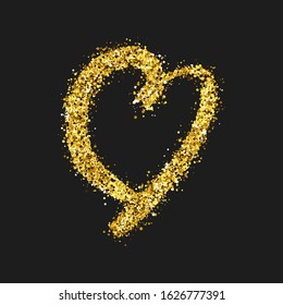 Gold glitter doodle heart on dark background. Gold grunge hand drawn heart. Romantic love symbol. Vector illustration.