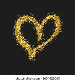 Gold glitter doodle heart on dark background. Gold grunge hand drawn heart. Romantic love symbol. Vector illustration.
