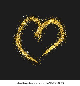 Gold glitter doodle heart on dark background. Gold grunge hand drawn heart. Romantic love symbol. Vector illustration.