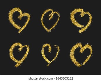 Gold glitter doodle heart on dark background. Set of six gold grunge hand drawn heart. Romantic love symbol. Vector illustration.
