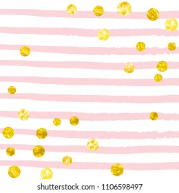 Gold glitter dots confetti on pink stripes. Random falling sequins with metallic shimmer. Design with gold glitter dots for party invitation, event banner, flyer, birthday card.