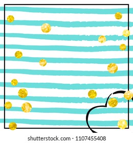Gold glitter dots confetti on turquoise stripes. Shiny random sequins with metallic sparkles. Template with gold glitter dots for party invitation, bridal shower and save the date invite.