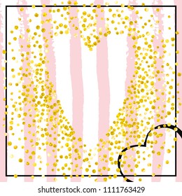 Gold glitter dots confetti on pink stripes. Shiny falling sequins with shimmer and sparkles. Template with gold glitter dots for party invitation, banner, greeting card, bridal shower.